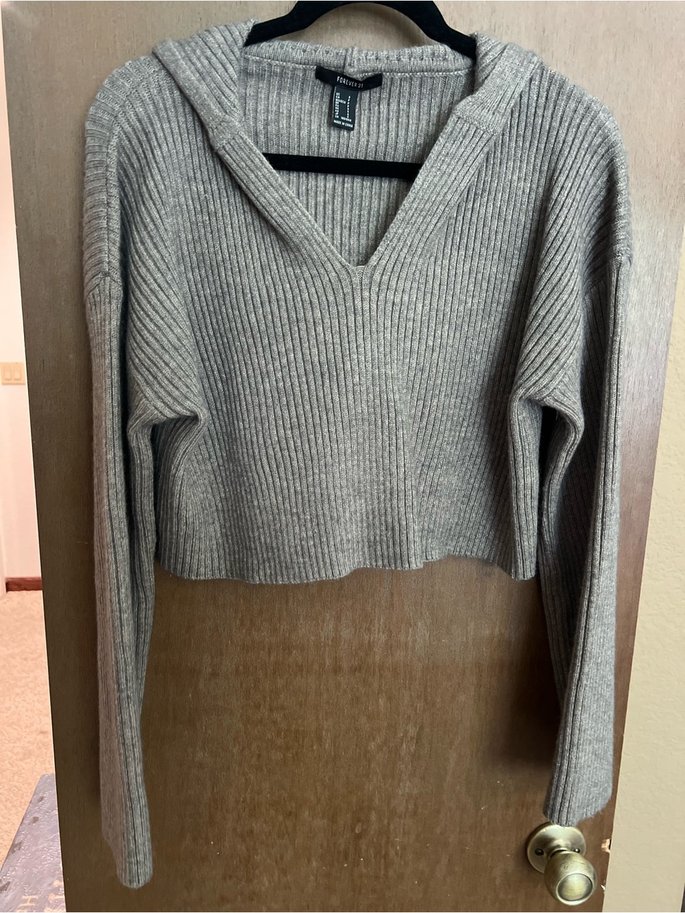 Forever 21 Taupe Ribbed V-Neck Hooded Cropped Sweater